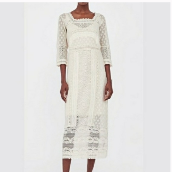 Zara Dresses & Skirts - ZARA women’s crochet lace Prairie dress midi 3/4 length sleeve size small